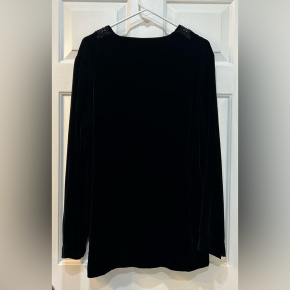 Lands' End Silk Blend Velvet Tunic Top Womens Sz L Black Beaded V Neck Pullover - Picture 2 of 10